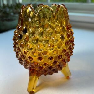 Vintage MCM amber glass egg shaped hobnail rose bowl vase petal rim